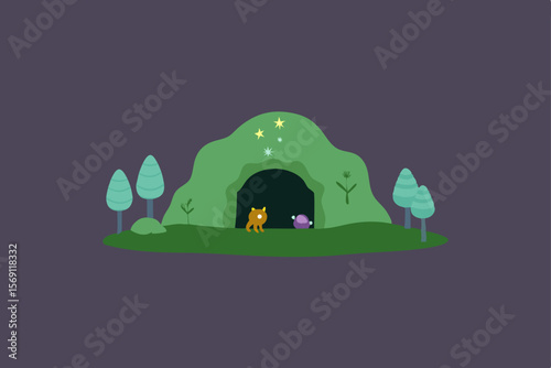Wild safari art of an elephant silhouette near a cute cartoon house in the woods