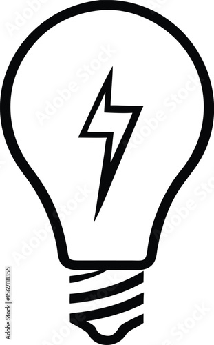 Simple black outline of a light bulb with a lightning bolt inside on a white background