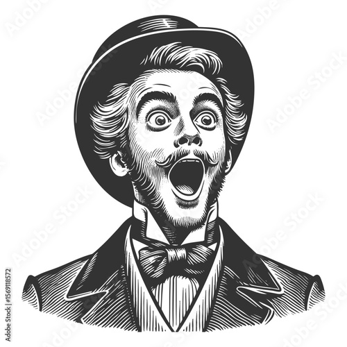 man with wide eyes and puckered lips, expressing shock or amazement in vintage attire sketch engraving generative ai fictional character vector illustration. Scratch board imitation. Black and white.