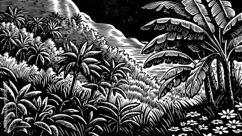 A subtropical mountain slope with banana plants, dense vines, and tropical flora a black and white line art illustration