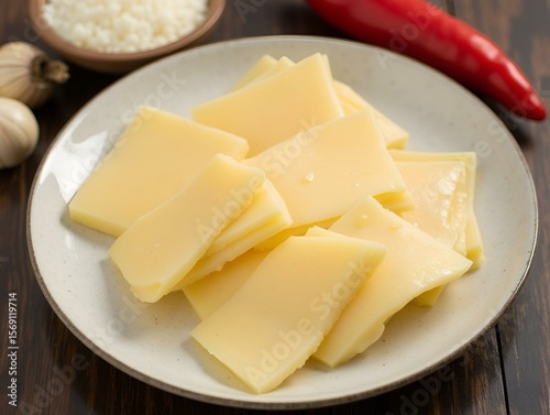 Sliced lard in a plate, garlic and red pepper