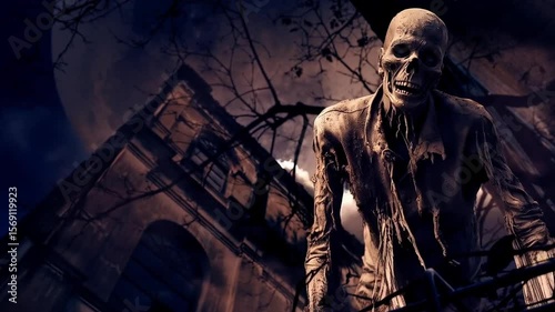Zombie standing over grunge castle, dead tree, full moon and cloudy spooky sky, Halloween mystery concept