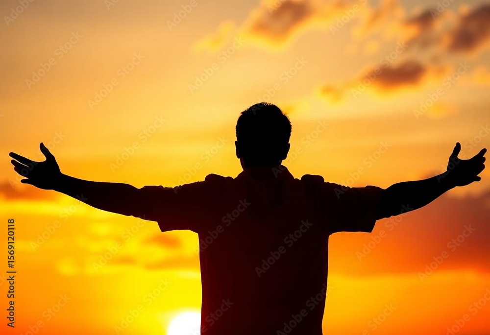 Fototapeta premium Silhouette of a male figure, arms outstretched, against a vibrant sunset, evening, peace