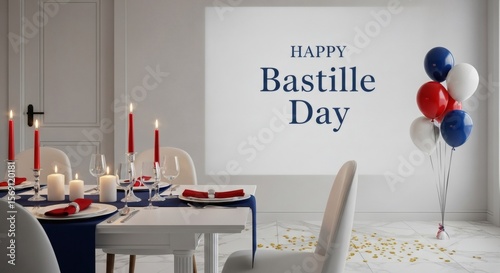 Festive Bastille Day Celebration: Elegant Table Setting with Balloons and Candles