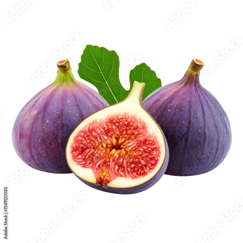 Three ripe figs, two whole and one cut open, revealing the red, seed-filled interior and accompanied by green fig leaves.