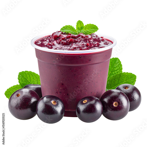 A cup filled with thick, dark purple jam topped with fresh mint, surrounded by whole ripe acai berries and green mint leaves.