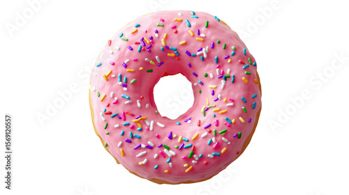 Isolated pink iced donut with rainbow sprinkles, top view, minimal shadow, high-res PNG