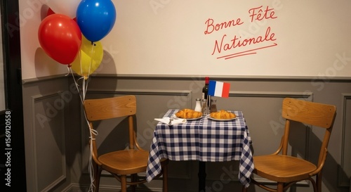 French National Day Celebration with Croissants, Wine, and Balloons in a Bistro