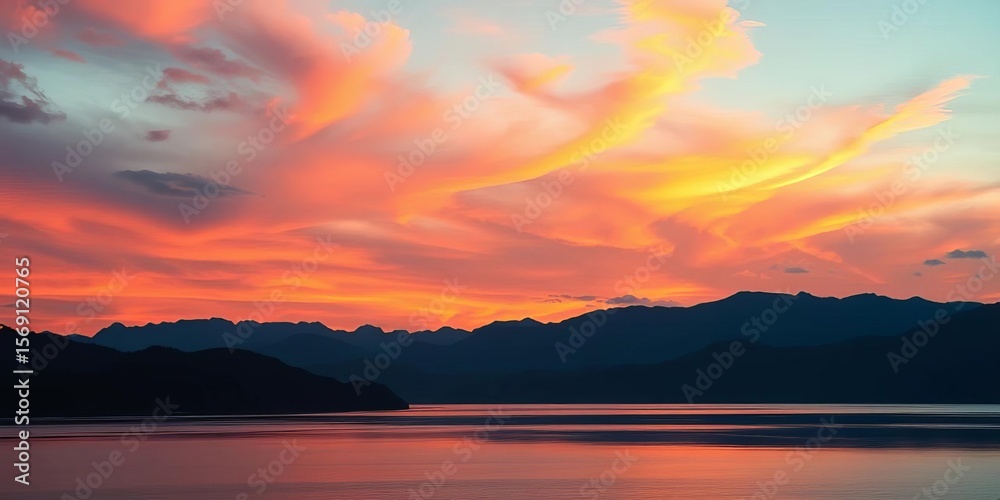 Obraz premium Vibrant sunset hues paint a serene landscape with silhouetted mountains and tranquil water, clouds, pink
