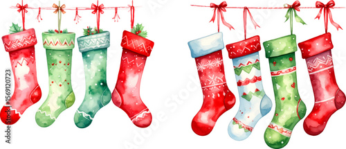 Red Christmas socks are hanging on a rope, a festive holiday decoration for the winter season