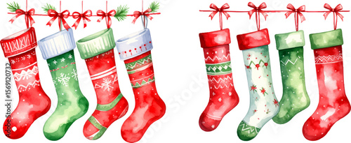 Red Christmas stocking decoration with gifts on a festive winter holiday background