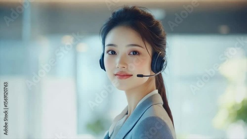 Smiling Asian woman call centre operator over blur of modern office interior, Business communication concept