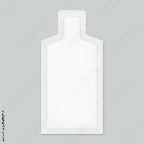 Sachet bag mockup for energy gels, sport nutrition, cosmetics. Vector illustration isolated on grey background. Flat lay view. Can be use for template your design, presentation, promo, ad. EPS10.