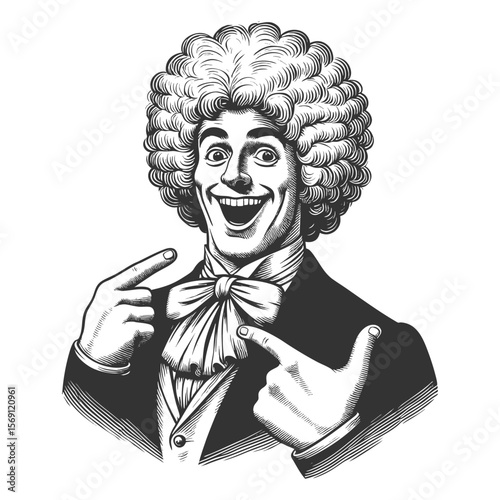 shocked man in elaborate curly wig and 18th-century attire, pointing at himself in disbelief sketch engraving generative ai fictional character vector illustration. Scratch board. Black and white.