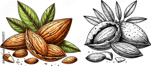 Closeup of healthy organic nuts and dried fruits, including almonds and walnuts, on a white background