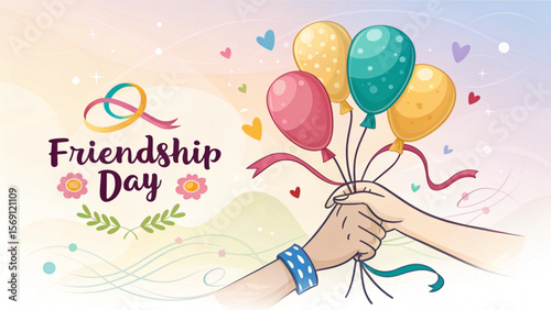 Celebrate friendship day with balloons and hands for best friends and happy friendship day celebration event