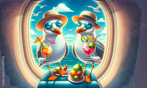Möwen sitzen mit Urlaubskleidung, mit Cocktail , Sonnenbrille und Sonnenhut in einem Flugzeug