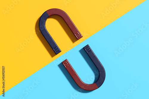 Two horseshoe magnets with opposite poles facing each other, attracting each other