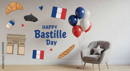 Whimsical French Bastille Day Celebration with Balloons, Flags, and Cute Characters