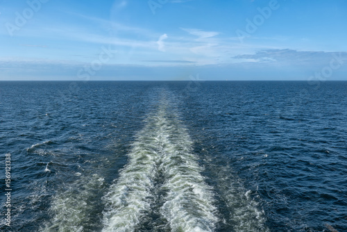 Fototapeta Naklejka Na Ścianę i Meble -  Sea Background With Cruise Ship Water Trail