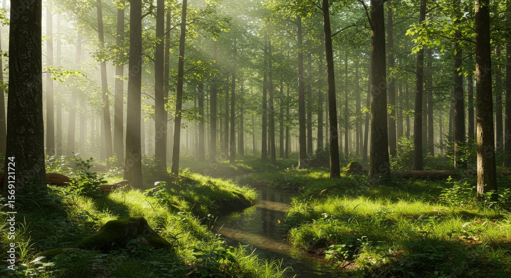 Fototapeta premium Sunbeams in Misty Forest, Tranquil Nature Scene