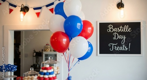 Bastille Day Celebration with Red, White, and Blue Balloons and Treats