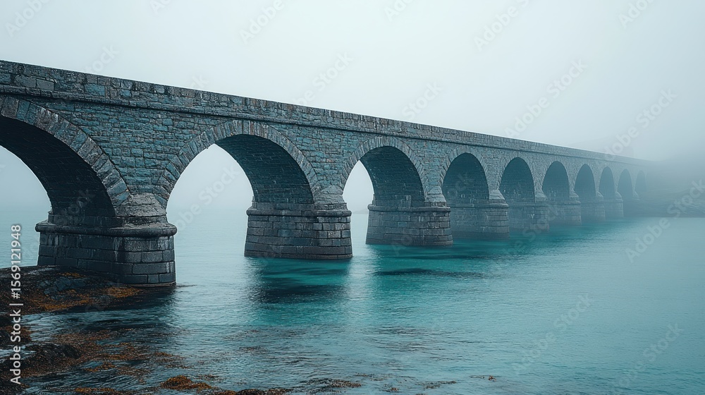 Fototapeta premium Misty stone arch bridge over tranquil water