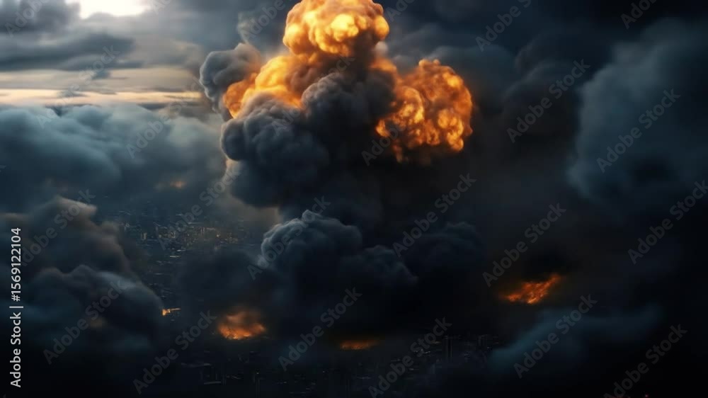 Massive explosion erupts, billowing dark smoke and fire against a backdrop of ominous clouds.  City below shrouded in devastation