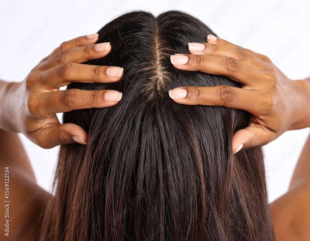 Naklejka premium Woman Gently Massaging Her Scalp with Hands Healthy Hair Care.