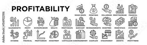 Rising Graph, Money Bag, Dollar Sign, Profit Increase, Financial Report, Bar Chart, Revenue Growth, Investment Return, Money Stack, Income Profitability icon set. Editable Stroke Icon Collection.