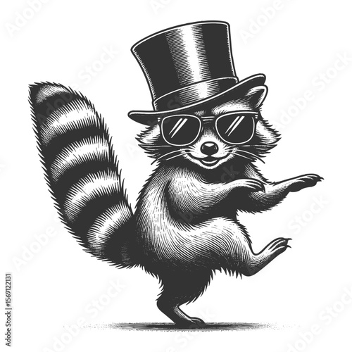 playful raccoon wearing a top hat and sunglasses, striking a fun dance pose with confident energy sketch engraving generative ai vector illustration. Scratch board imitation. Black and white image.