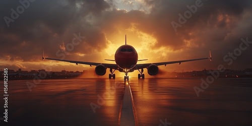 A photo of an airplane about to take off in the evening light