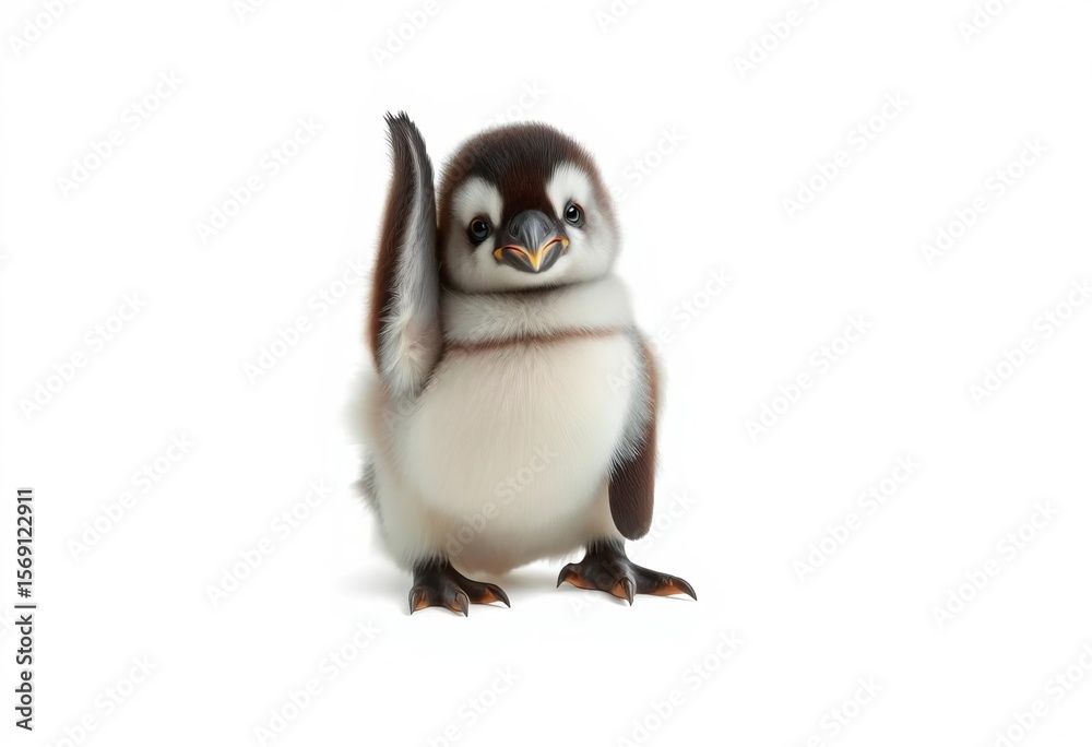 Fototapeta premium Fluffy penguin chick playfully raises wing, isolated on white , aquatic bird, small