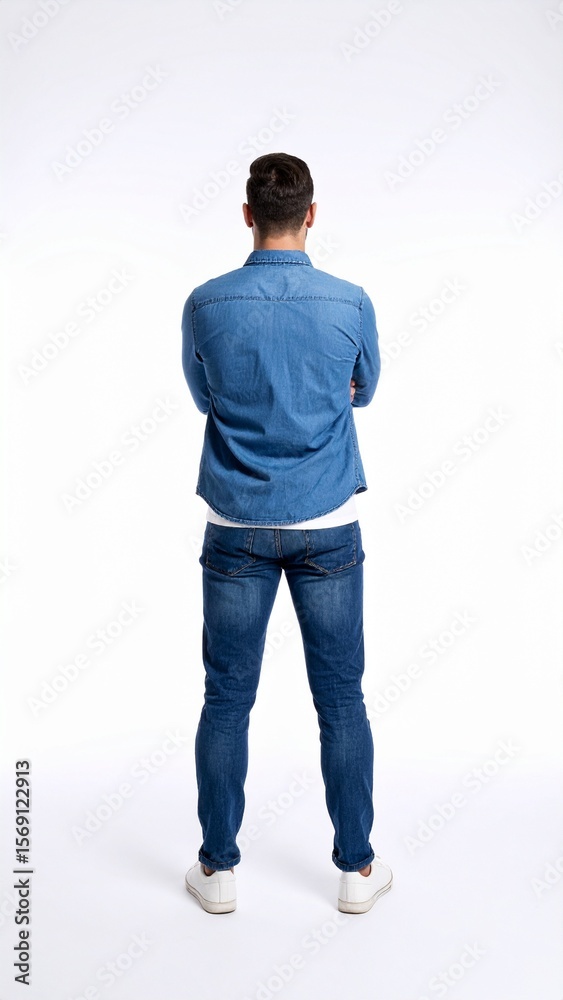 Fototapeta premium Man Standing Back View Denim Jeans Casual Style.