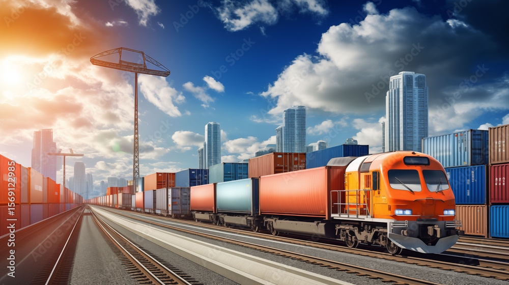 Fototapeta premium freight train, and trucks shown together representing intermodal logistics, global supply chain connection concept