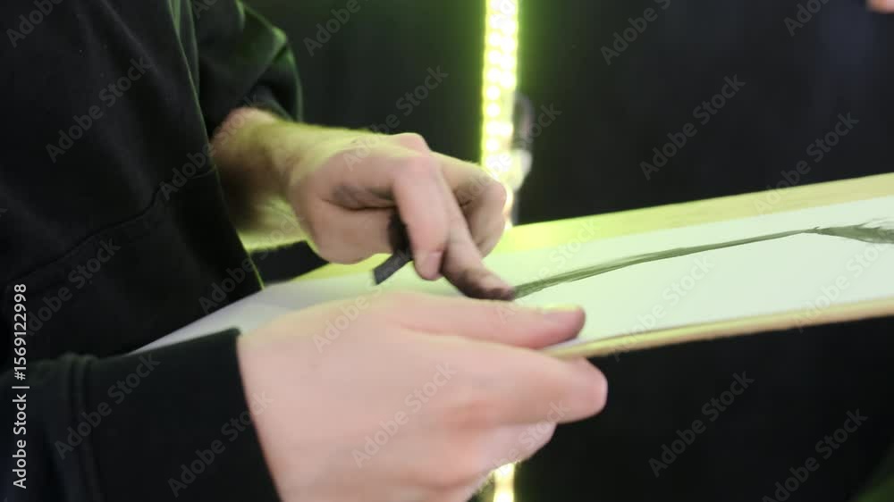 Artist with markings on fingertips smudges dark line on piece of light-colored paper. Action suggests drawing technique utilizing finger manipulation