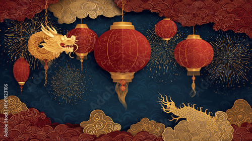 Chinese New Year background with red lanterns, golden dragon