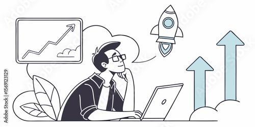 A man with glasses sits at a laptop dreaming of business growth a rocket launch and upward trending graphs symbolizing ambition and success