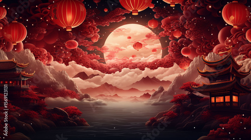 Chinese New Year background with red lanterns, golden dragon,traditional Chinese pattern