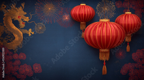 golden dragon, fireworks in night sky, traditional Chinese pattern