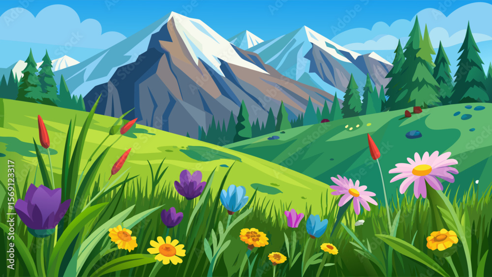 Fototapeta premium Vector art of snowy mountains rise above a vibrant green valley filled with colorful wildflowers