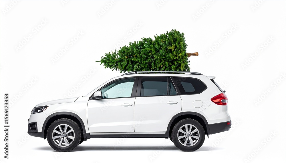 White SUV Car Carrying a Christmas Tree on Roof. White SUV Car Carrying a Christmas Tree on Roof.