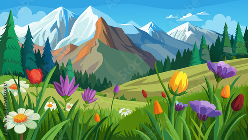 Vector art of snow capped mountains overlook a blooming meadow of wildflowers in spring