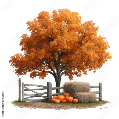3d autumn scene with orange tree pumpkins and hay bales isolated on transparent background