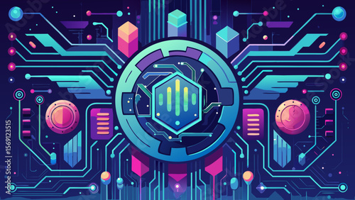 Vector art of abstract digital core with glowing circuits and geometric shapes