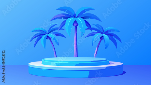 Vector art of three palm trees stand on a blue podium against a blue background