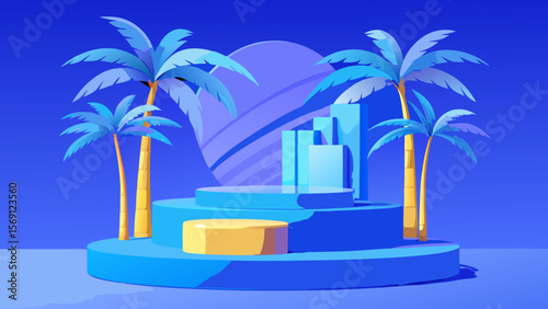 Vector art of palm trees frame a multitiered blue podium with geometric shapes
