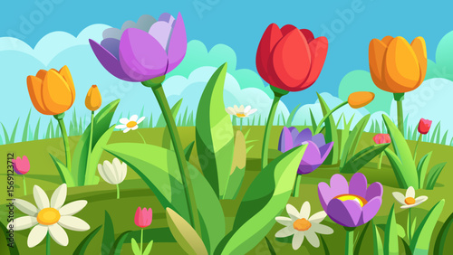 Vector art of a vibrant spring garden filled with colorful tulips and daisies under a blue sky
