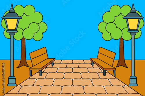 Stone Pathway Bordered By Benches And Lamp Posts