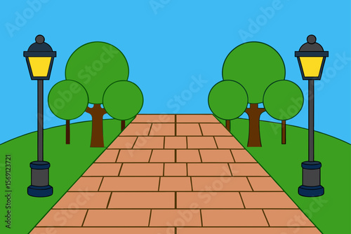 Stone Pathway Bordered By Benches And Lamp Posts
